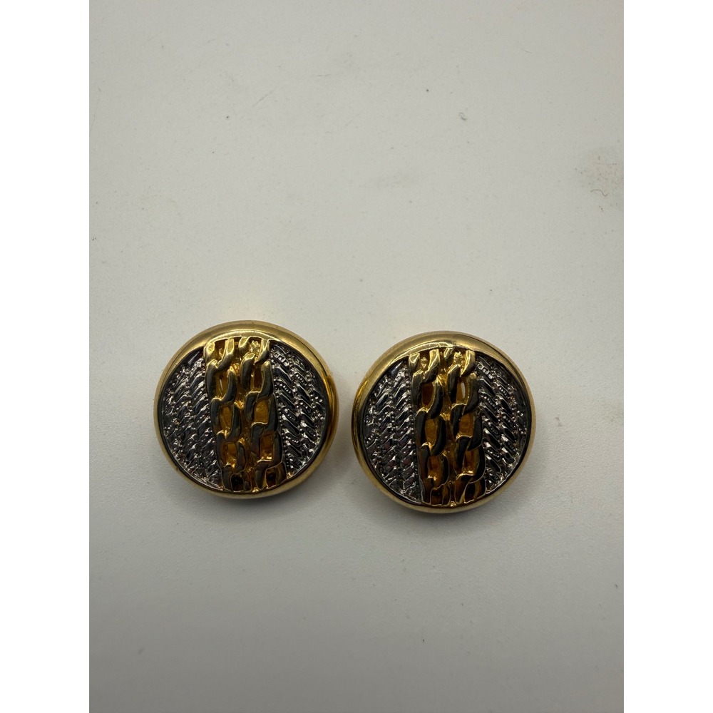 Vintage Mixed Metal Gold Silver Tone Round Clip On Earrings Textured Chain Studs